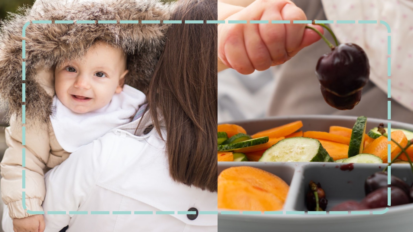 Baby in a winter snow suit and plate of healthy food picture collage