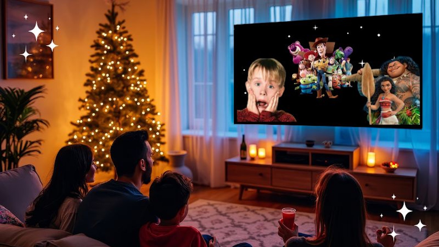 A family watching the TV Schedule for christmas