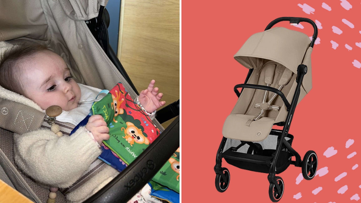 Cybex Beezy stroller being tested by baby Margot with image of Cybex Beezy in Almond Beige