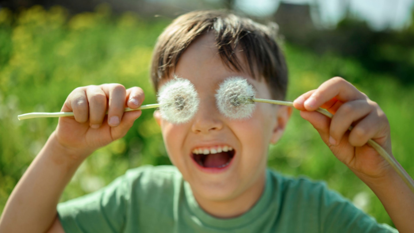 Child holding two dandelion seed heads up to his eyes and laughing