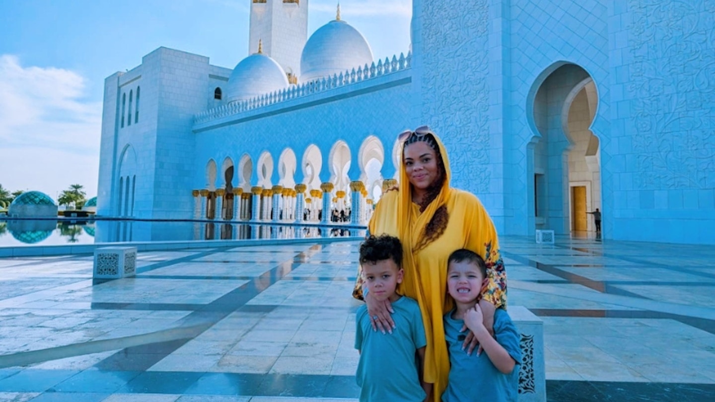 Mother&Baby Senior Digital Writer, Hannah Carroll posing with her son's outside the Grand Mosque in Abu Dhabi.