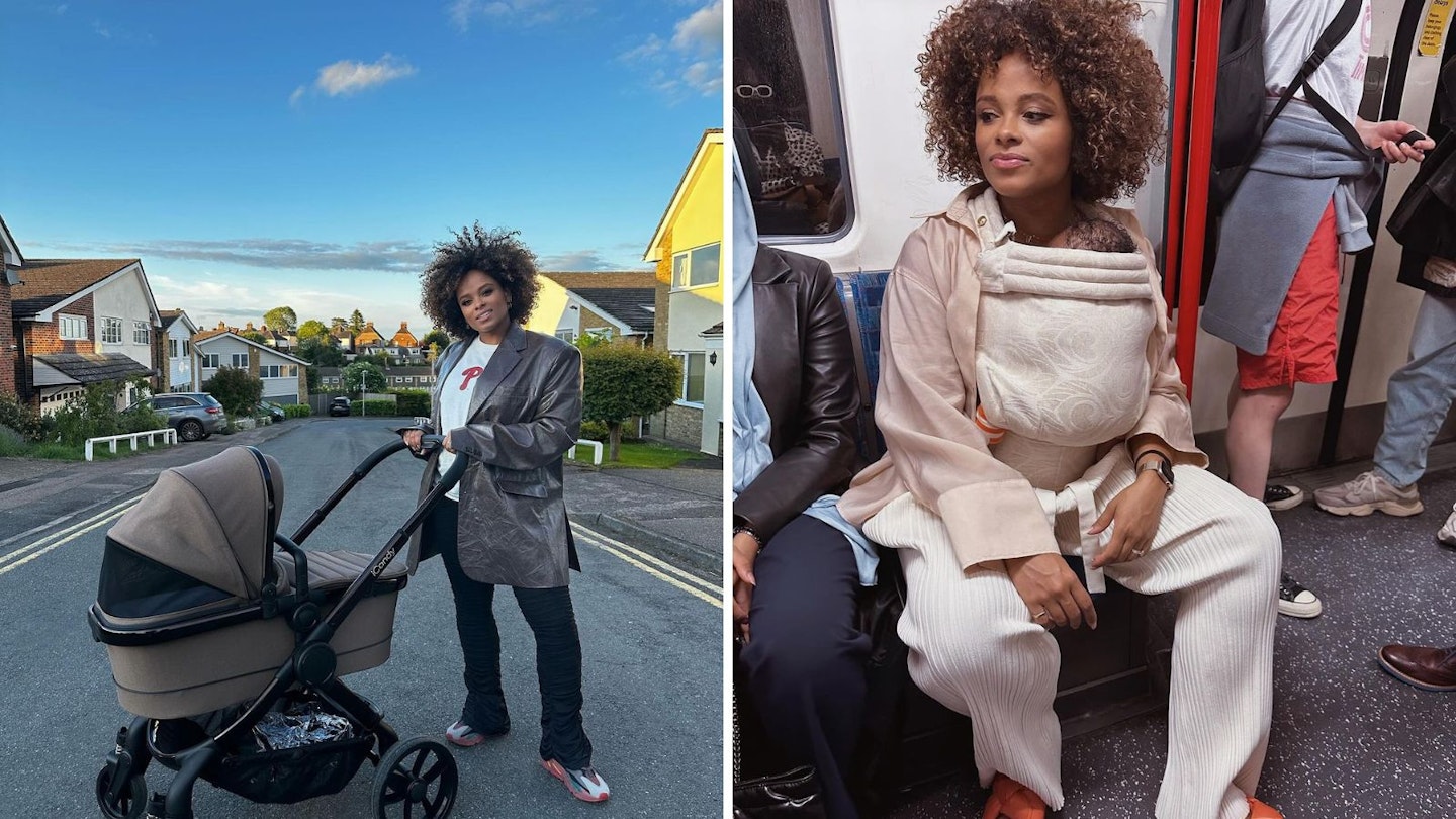 Two pictures of Fleur East and her daughter Nova