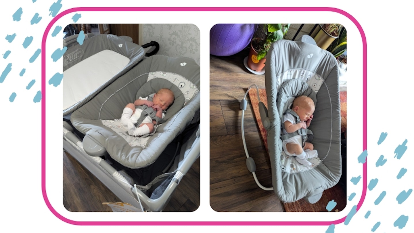 two photos of a baby in the Joie Excursion Change and Bounce
