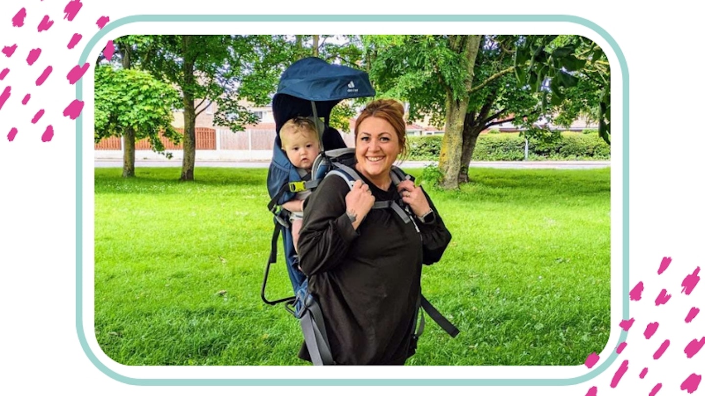 a mum wearing the parent wearing the Kids Baby Carrier Deuter Comfort Plus with their baby in it