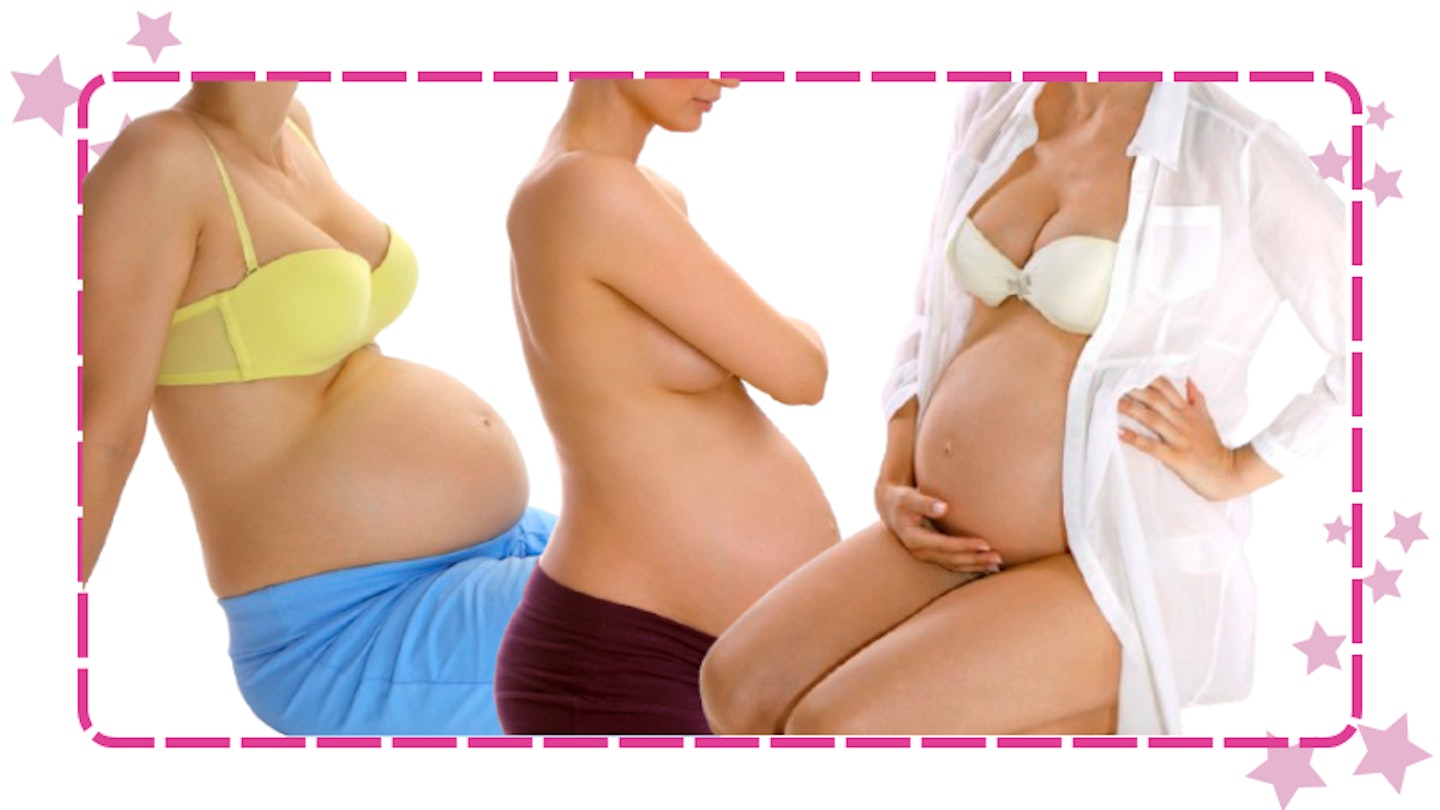 Collage of pregnant women wearing maternity bras
