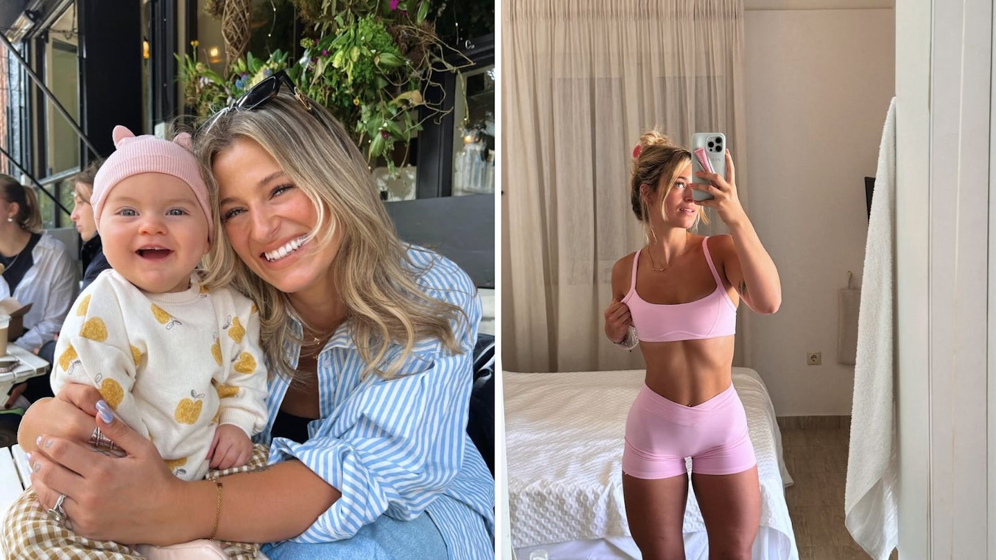Collage of photographs of social media fitness influencer Meggan Grubb. One photograph of her and daughter Winnie and another in her fitness clothing.