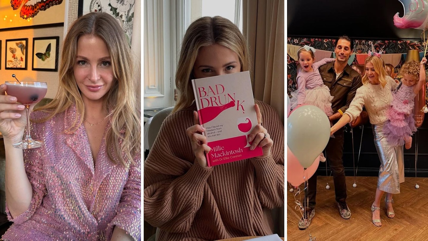 Millie Mackintosh collage of photographs. One with her and her daughters and husband Hugo, her new book and her with a mocktail.