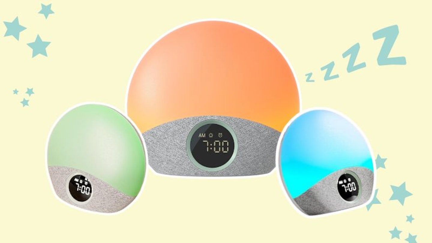 The Momcozy Sunrise Sound Machine on a yellow background