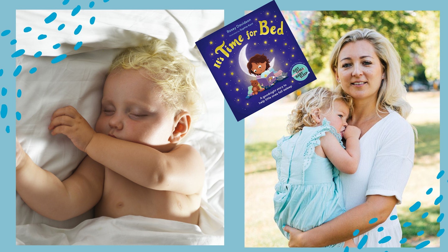 Sleeping baby on the left and Rosey Davidson with her daughter blue background