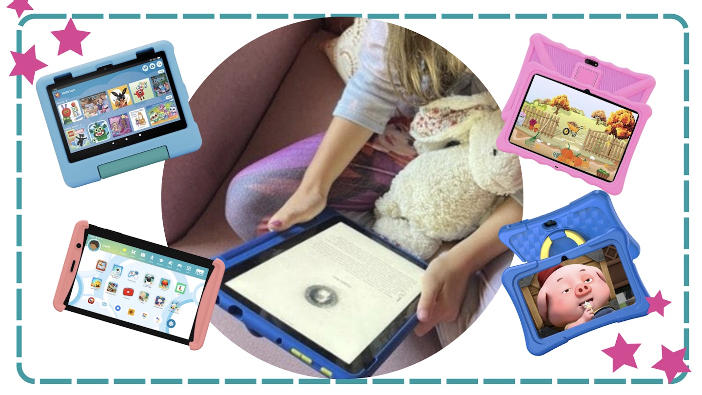 collage of the best kids tablets on a white background with one child tester using one in the middle