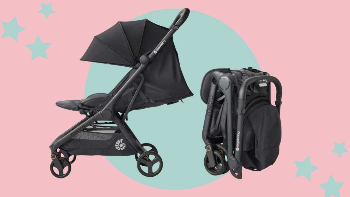 Metro 3 Compact Stroller and folded away image on pink background