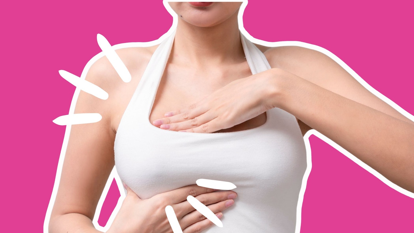 close up woman touching sides of the breast in pink background