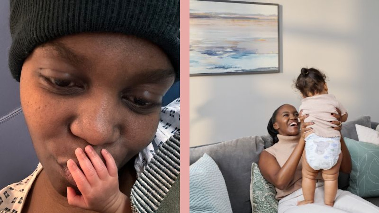 Two photos of Oti Mabuse - one kissing her baby's hand and another where she's playing with her on the sofa