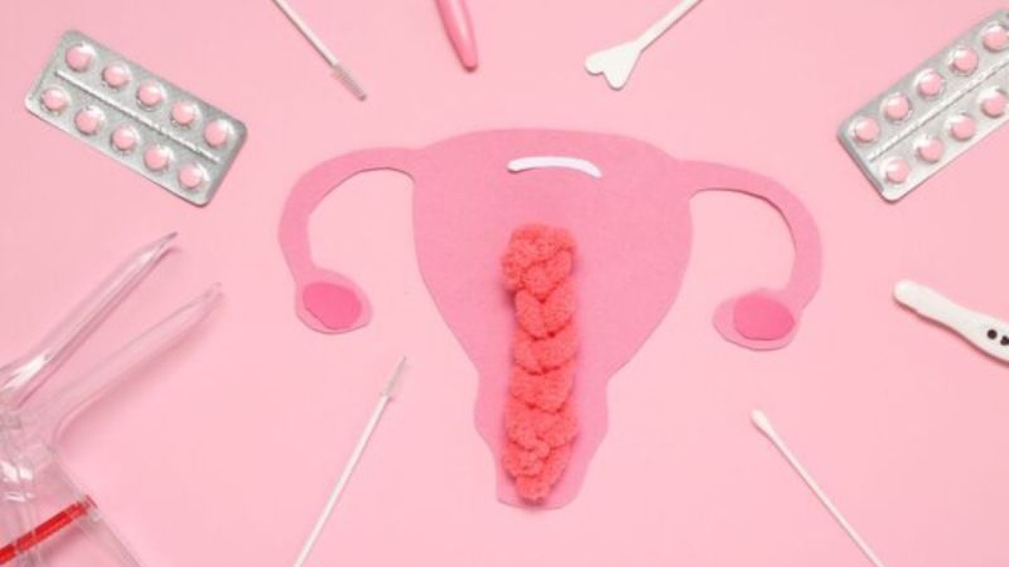 Cervical Cancer Prevention Week - an image showing a selection of pills, speculum and a piece of pink card cut in the shape of a uterus