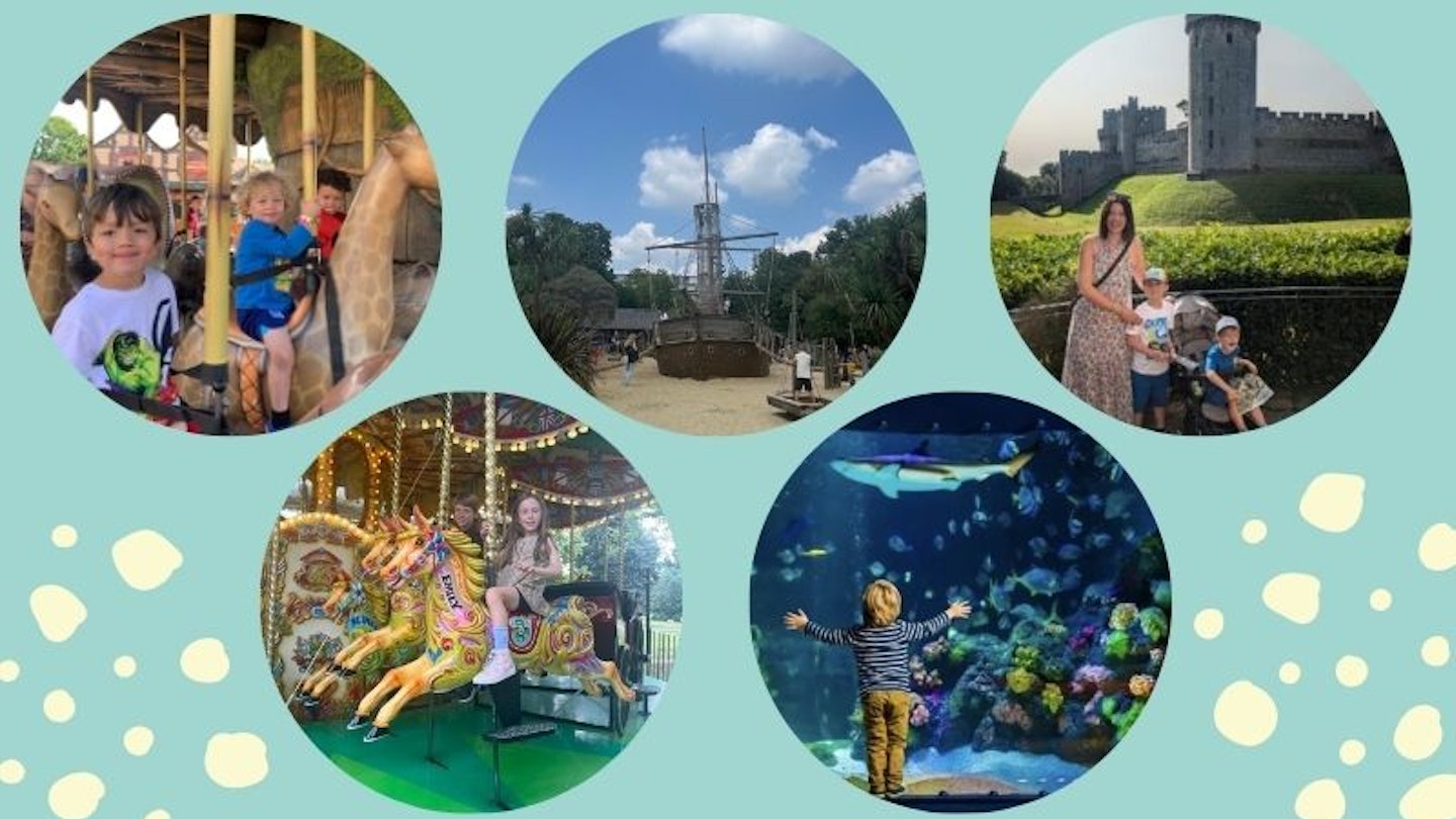 A green background with 5 circles with photos in each of kids on the best days out for toddlers uk