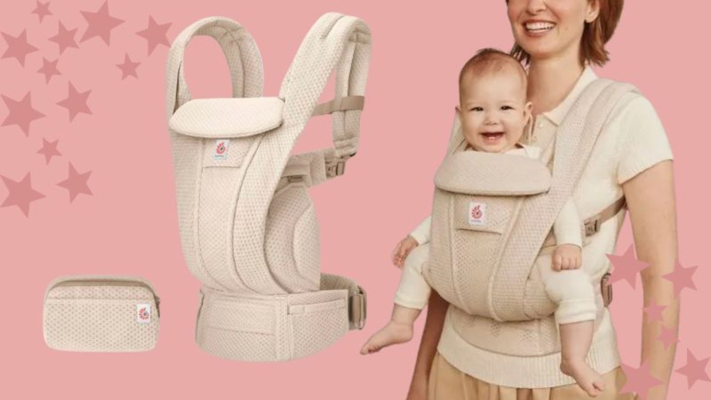 An image of the Ergobaby Omni Deluxe next to a mum wearing her baby in it