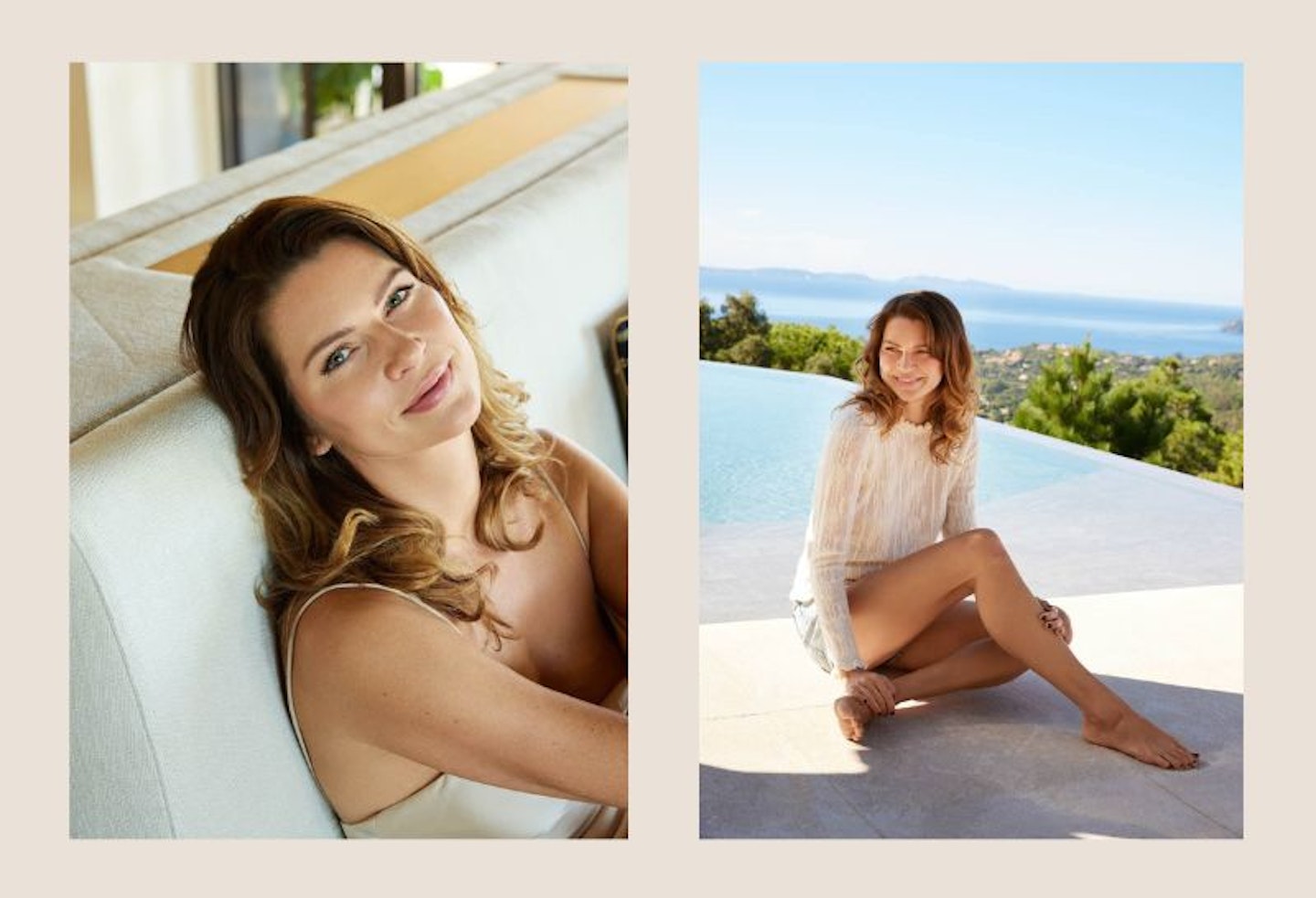 Two images of Gabriela peacock - one of her headshot and one sitting by a pool