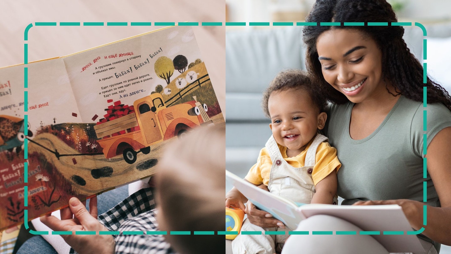 Mother reading to baby collage