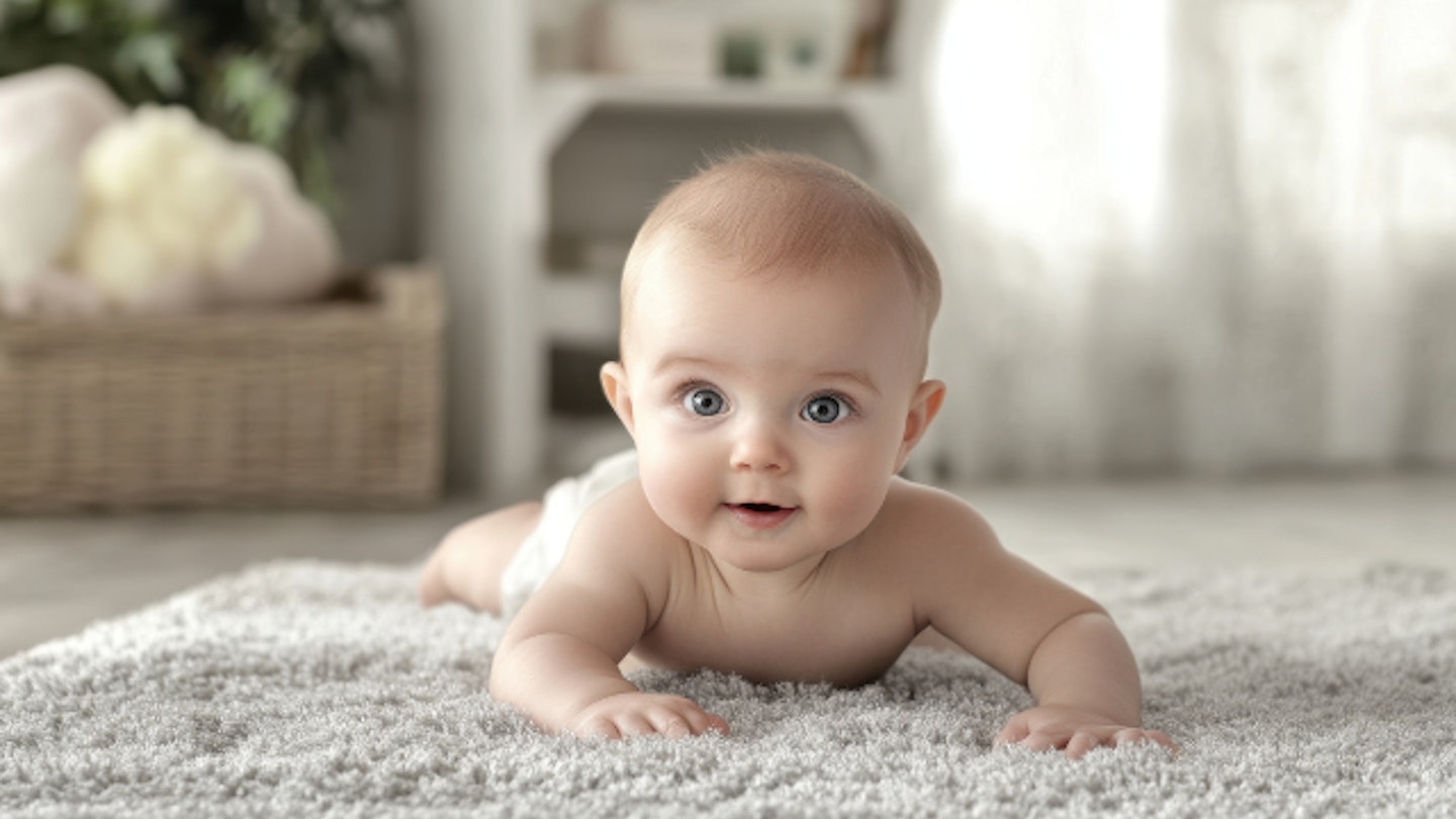 baby lying on a soft rug enjoying tummy time,